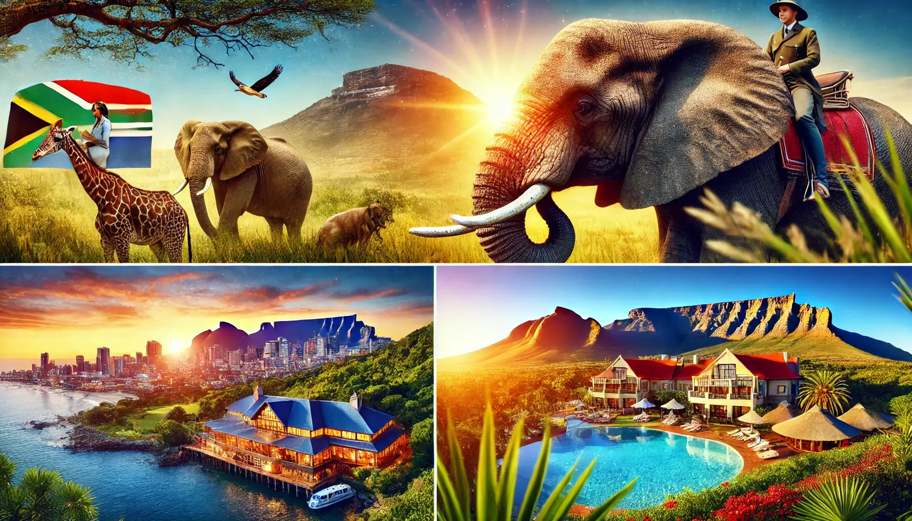 Imagem vibrante de um safári na África do Sul com elefantes e girafas no Parque Kruger, o luxuoso resort em Sun City, e a icônica Table Mountain na Cidade do Cabo ao fundo.