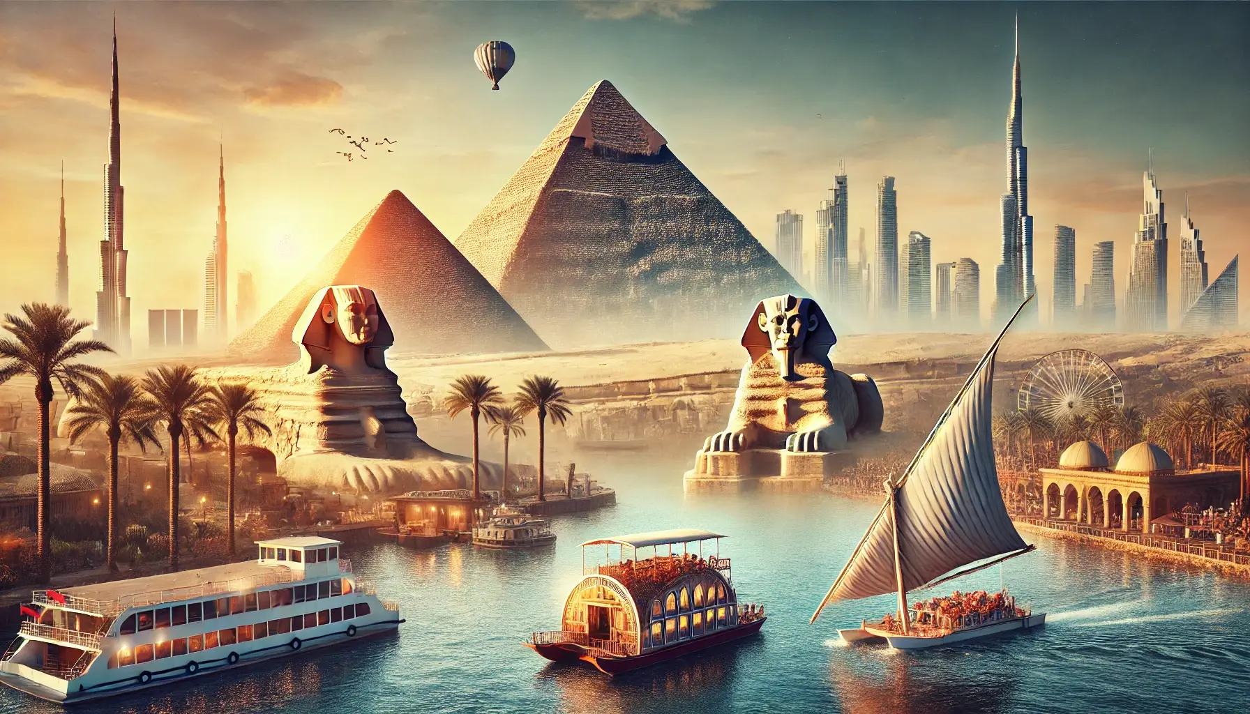 Imagem representando o pacote de viagem para o Egito no Carnaval 2025, com as Pirâmides de Gizé, a Esfinge, barcos no Rio Nilo e o moderno horizonte de Dubai ao fundo.