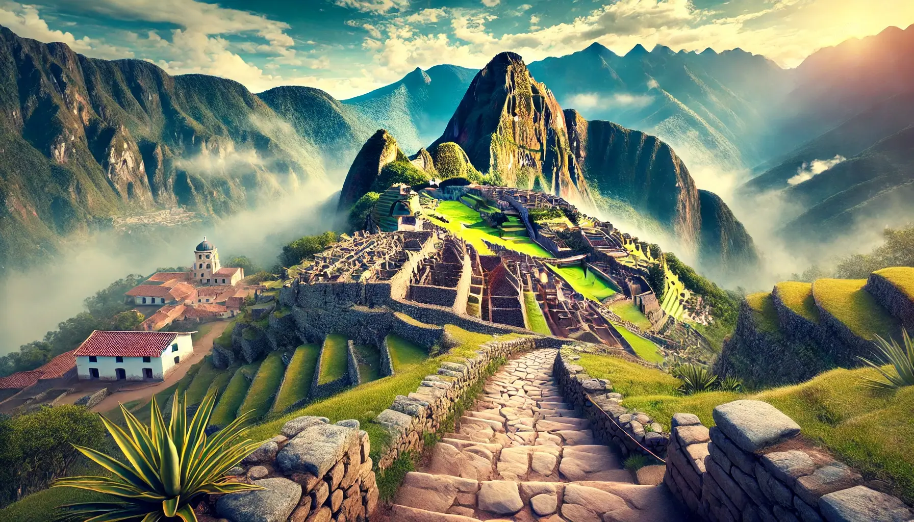 Imagem que representa um pacote de viagem ao Peru para a Semana Santa 2025, destacando Machu Picchu, com montanhas ao fundo e arquitetura colonial de Cusco.