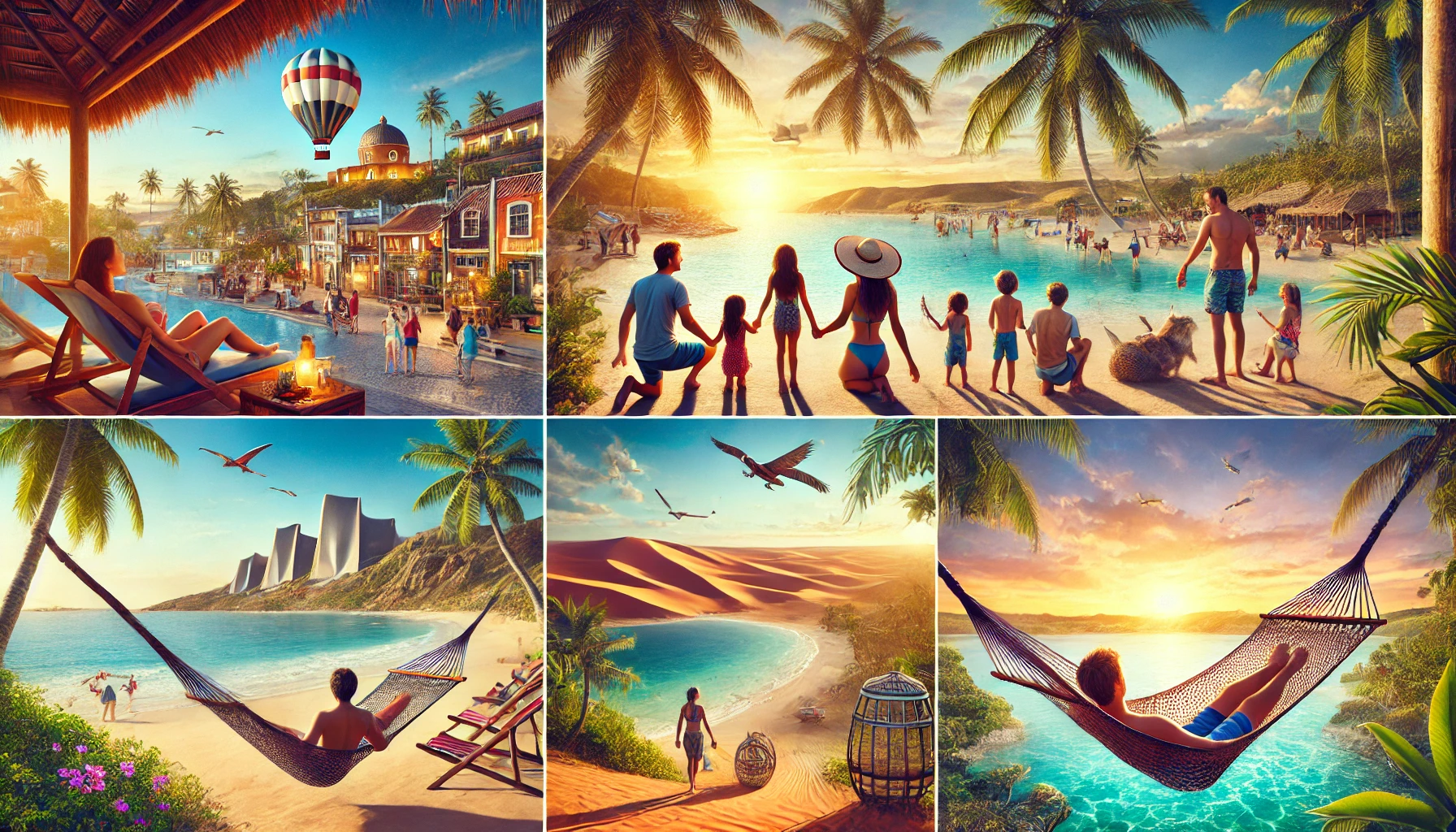 Imagem cinematográfica de famílias curtindo as praias paradisíacas de Fortaleza e Jericoacoara, com paisagens de dunas, coqueiros e lagos cristalinos ao pôr do sol.