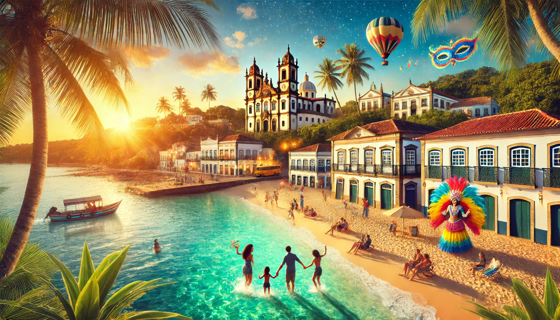 Imagem cinematográfica de famílias aproveitando a praia em João Pessoa, com águas turquesas, palmeiras e arquitetura histórica ao fundo, durante o pôr do sol.