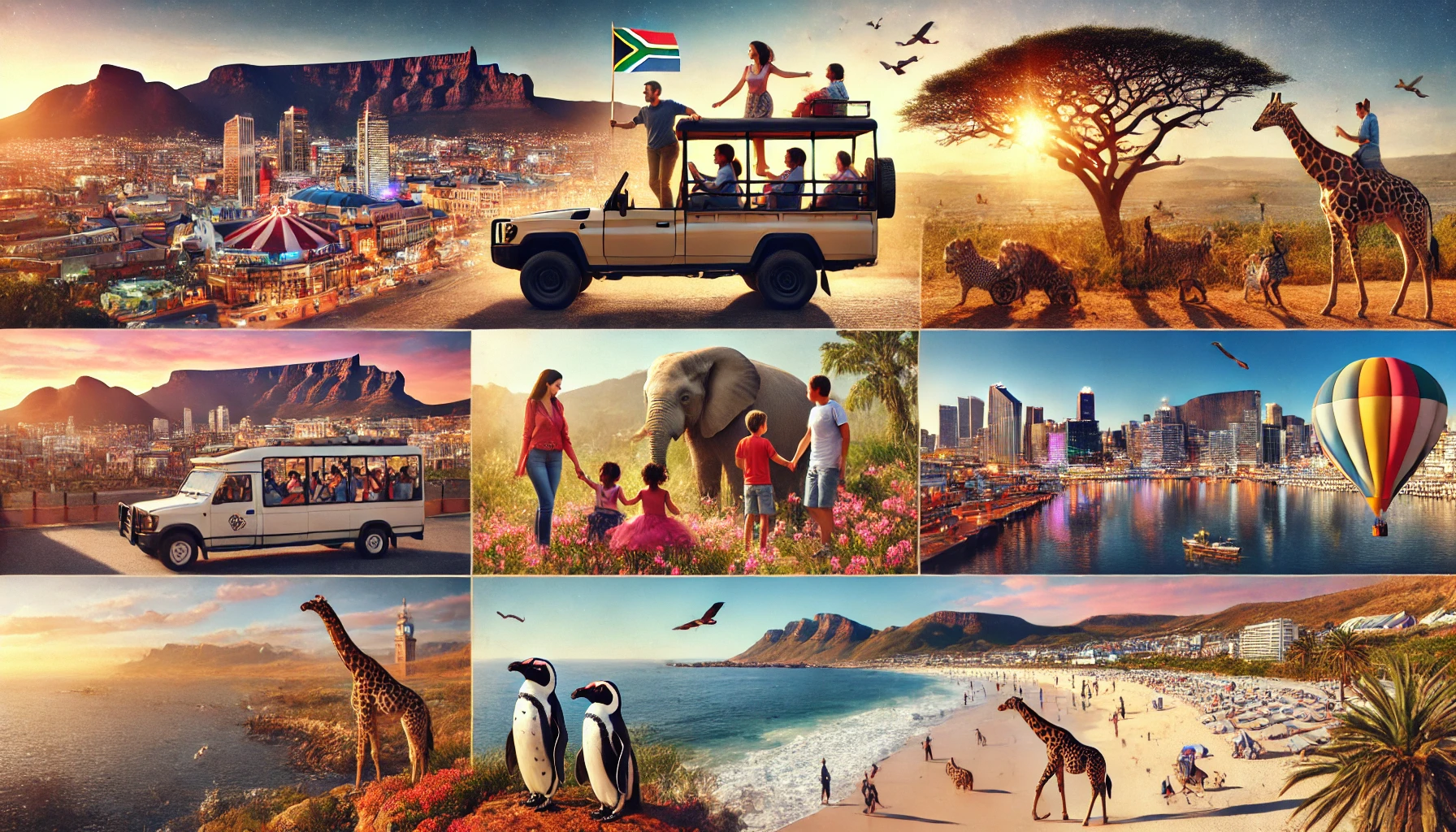 Imagem cinematográfica de famílias desfrutando de safáris, explorando a vibrante cidade de Johanesburgo e relaxando nas praias da Cidade do Cabo, na África do Sul.
