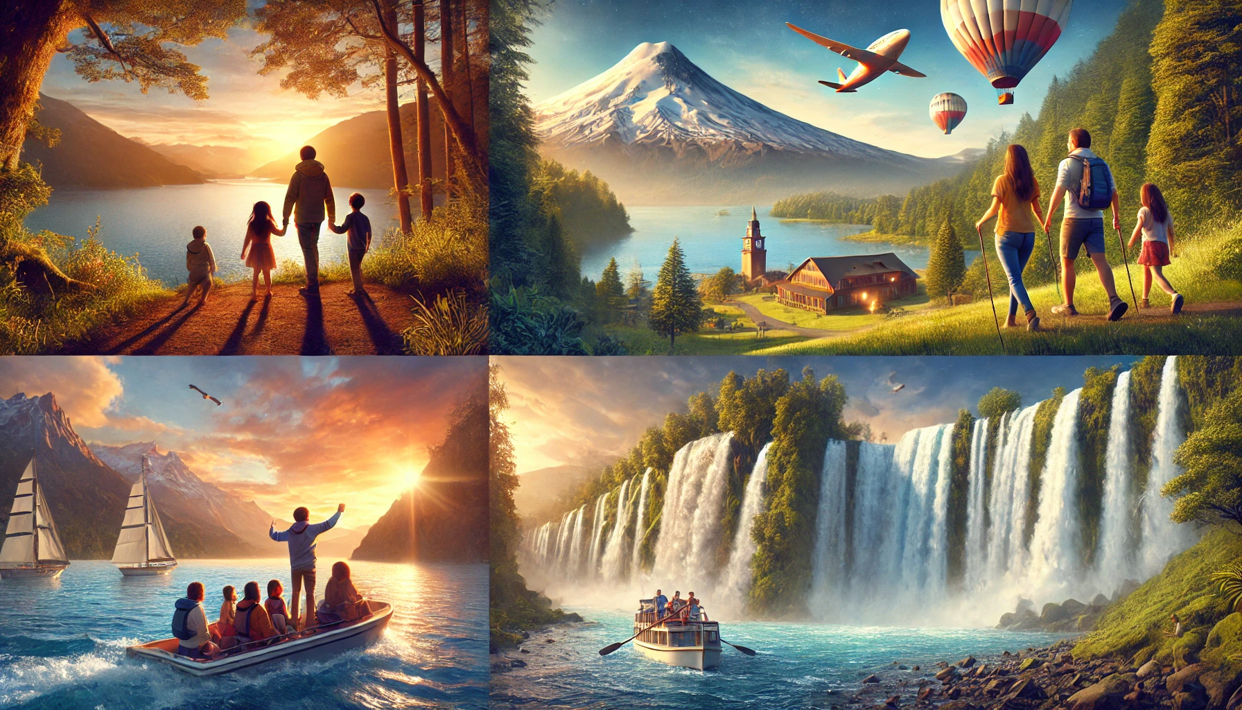 Imagem cinematográfica de famílias explorando o Vulcão Osorno, os Saltos de Petrohué e navegando pelo Lago de Todos os Santos, no Chile, em um cenário de aventura e natureza.