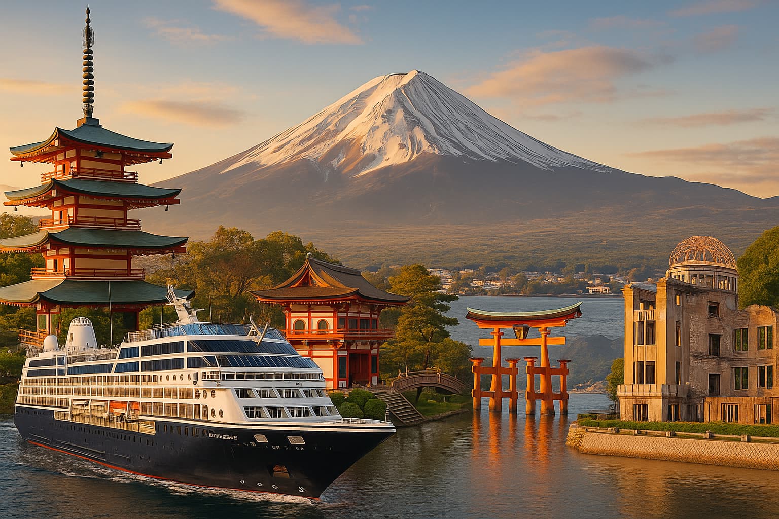 Navio de cruzeiro navegando em águas japonesas com o Monte Fuji ao fundo, torii flutuante, pagodas e arquitetura tradicional japonesa ao entardecer.