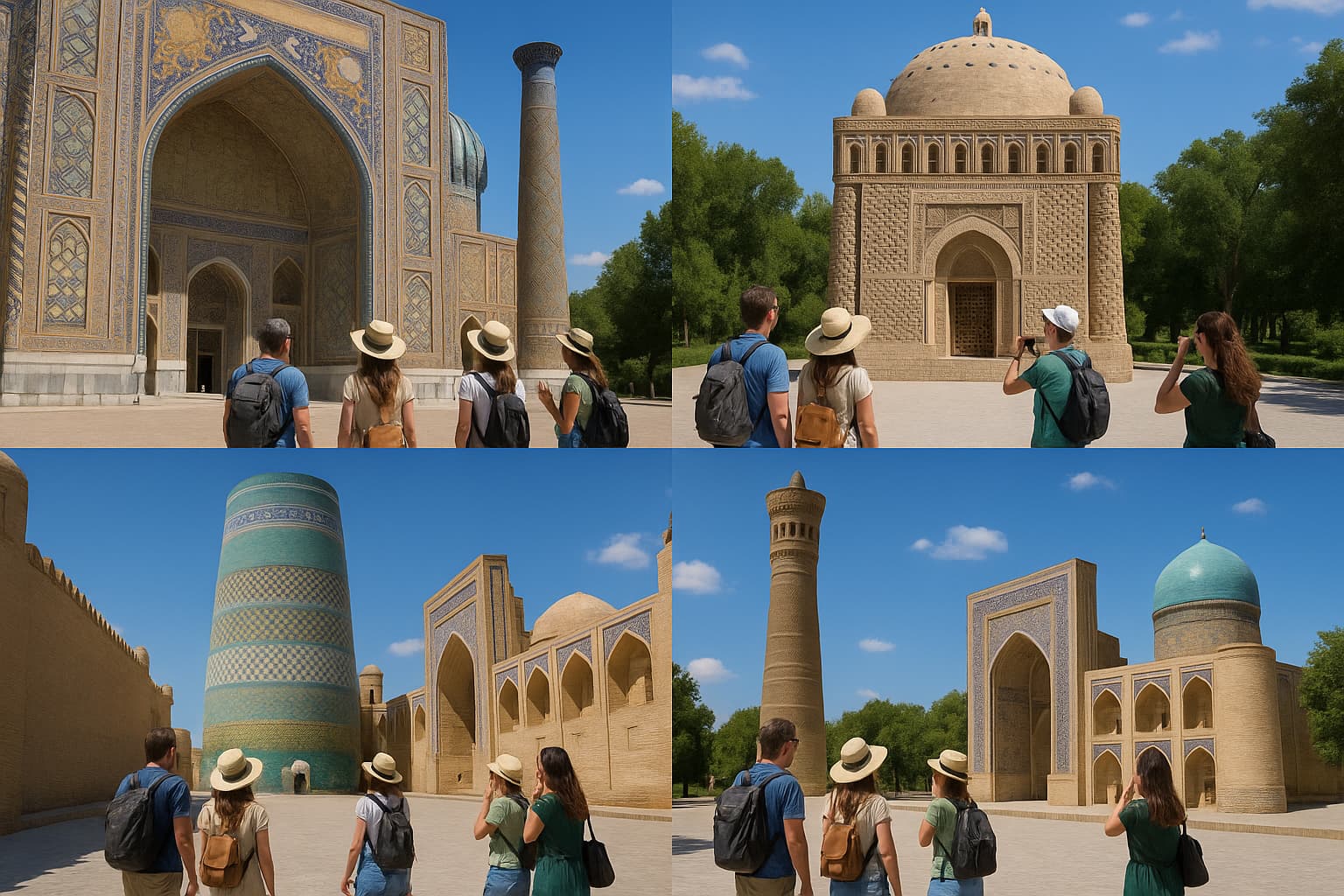 Turistas exploram quatro pontos históricos no Uzbequistão, incluindo mesquitas e madrassas com arquitetura islâmica sob céu azul e luz solar intensa.