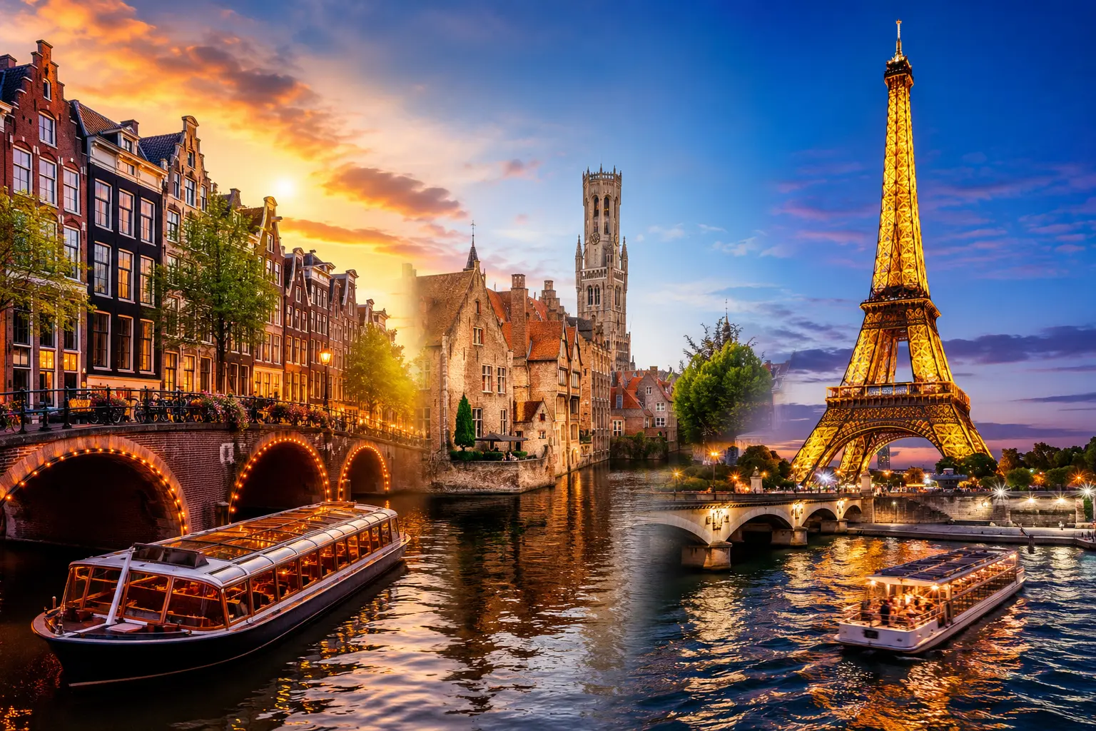 Montagem com canais de Amsterdã, arquitetura medieval da Bélgica e Torre Eiffel iluminada em Paris