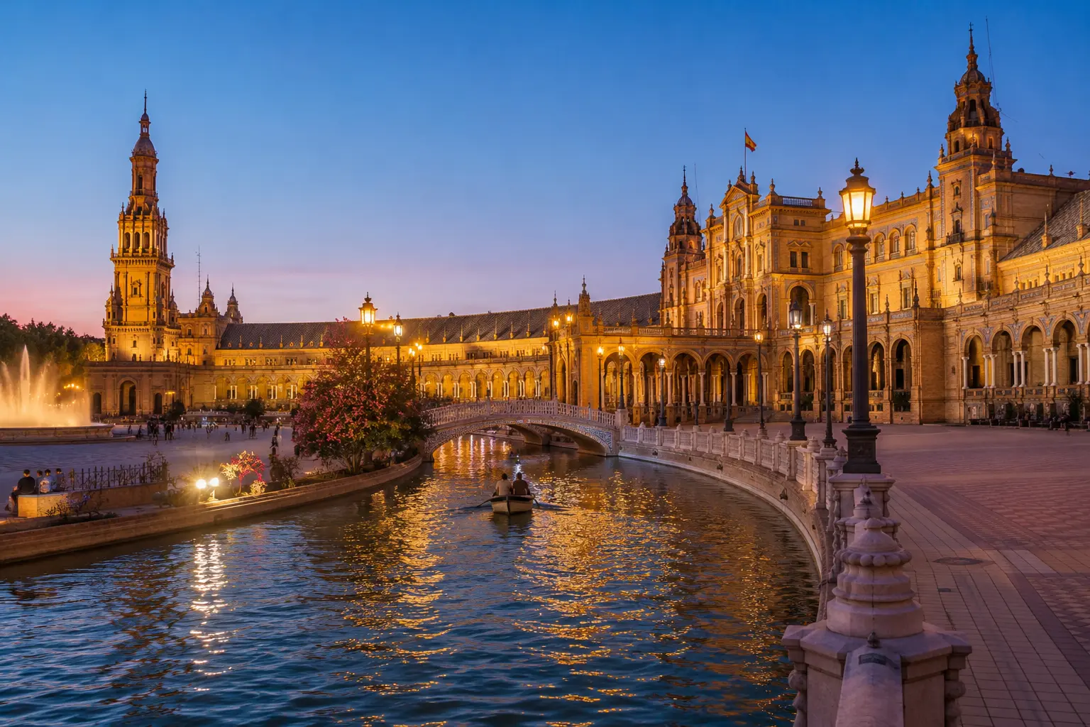 Plaza de España iluminada durante roteiro de Réveillon em Sevilha